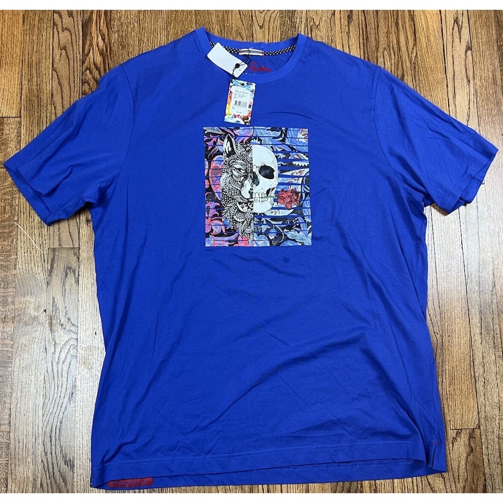 NWT Robert Graham Skull Wolf Rose Print Graphic T-Shirt Blue Men's Size 2XL